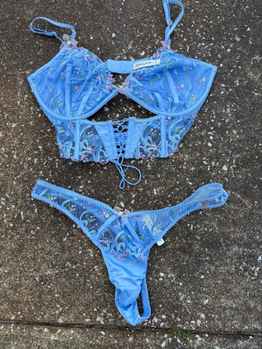 For Love & Lemons sky blue bell bow embroidered corset and thong set. NWOT